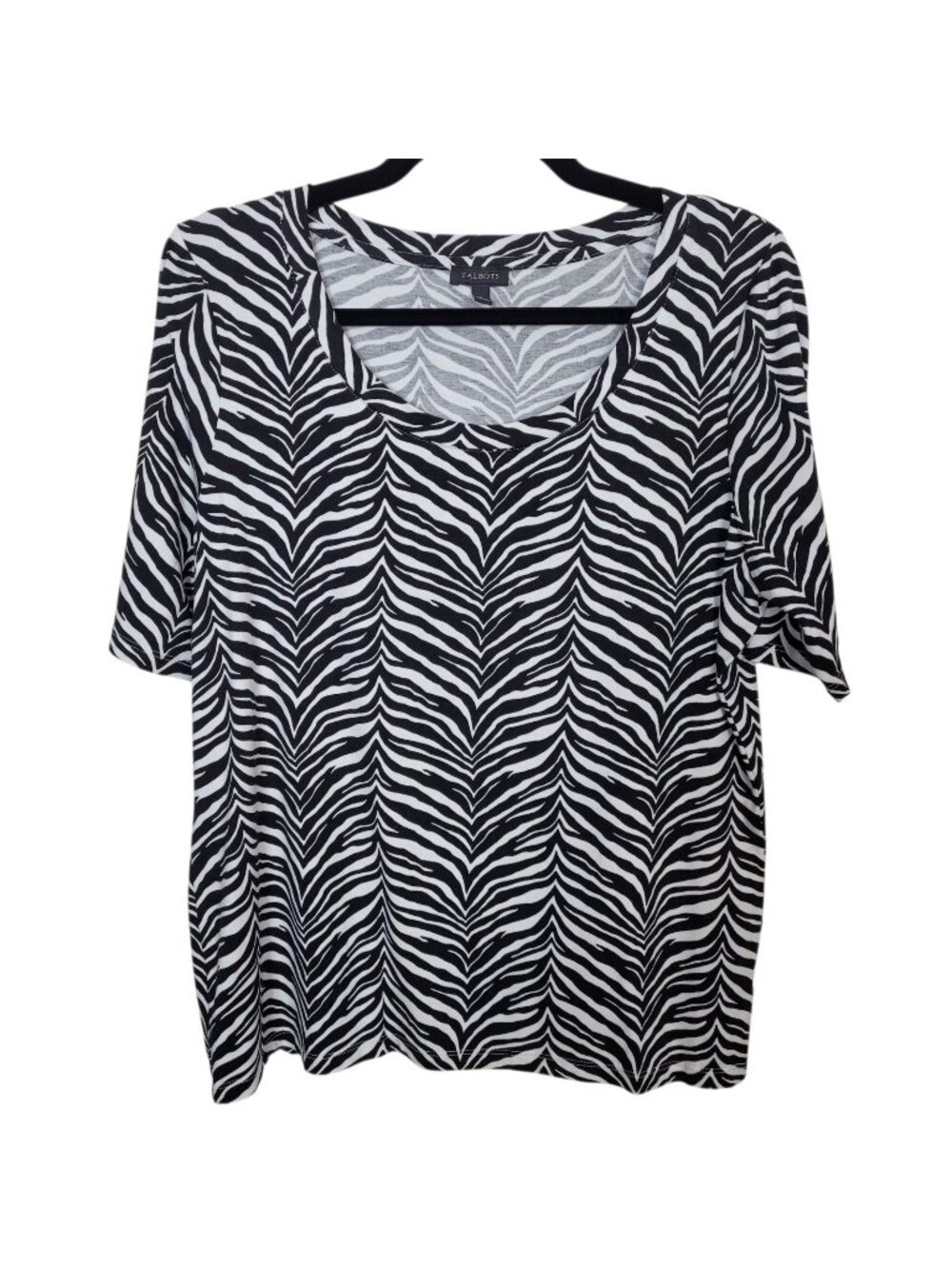 Talbots Black & White Zebra Print Scoop Neck Tee Shirt Short Sleeves Lg Casual